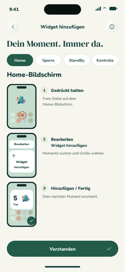 Anleitung: Momento-Widget auf den Home-Bildschirm bringen.