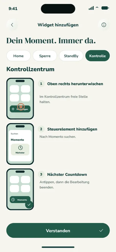Anleitung: „Nächster Countdown“ ins Kontrollzentrum.