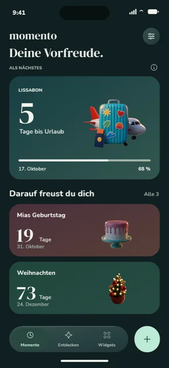 Momento App, Startseite im Dunkelmodus.