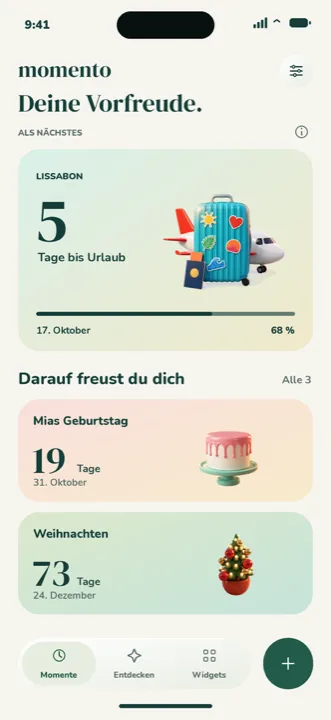 Momento App, Startseite im Hellmodus.