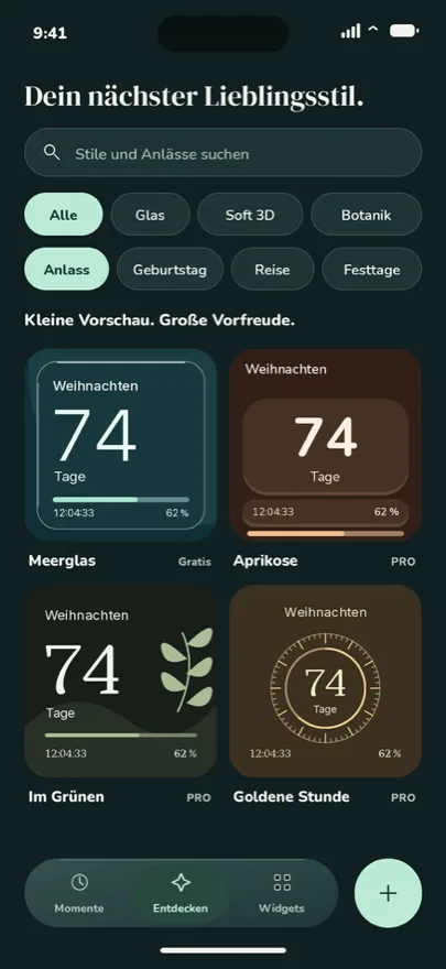 App-Galerie mit Stil-Vorschauen im Dunkelmodus.