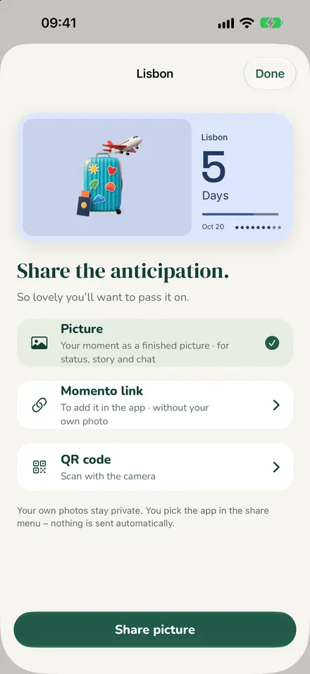 Condividi come immagine, link o codice QR
