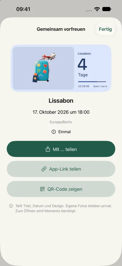 Bildschirm „Gemeinsam vorfreuen“ mit Teilen, App-Link und QR-Code.