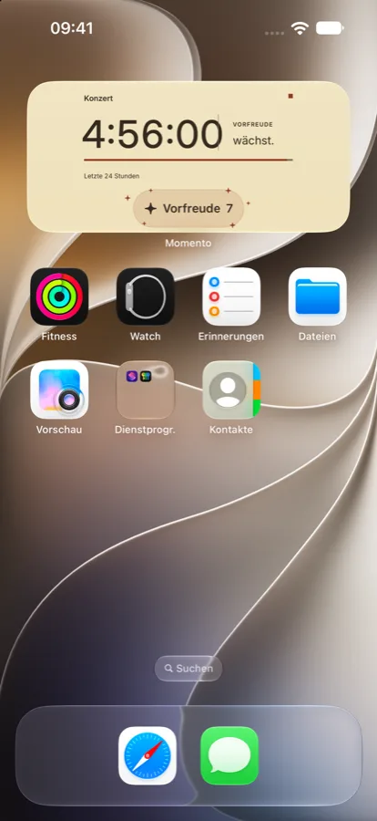 Home-Bildschirm mit Momento-Widget: großer Countdown mit Zahlen und Stufenbild.